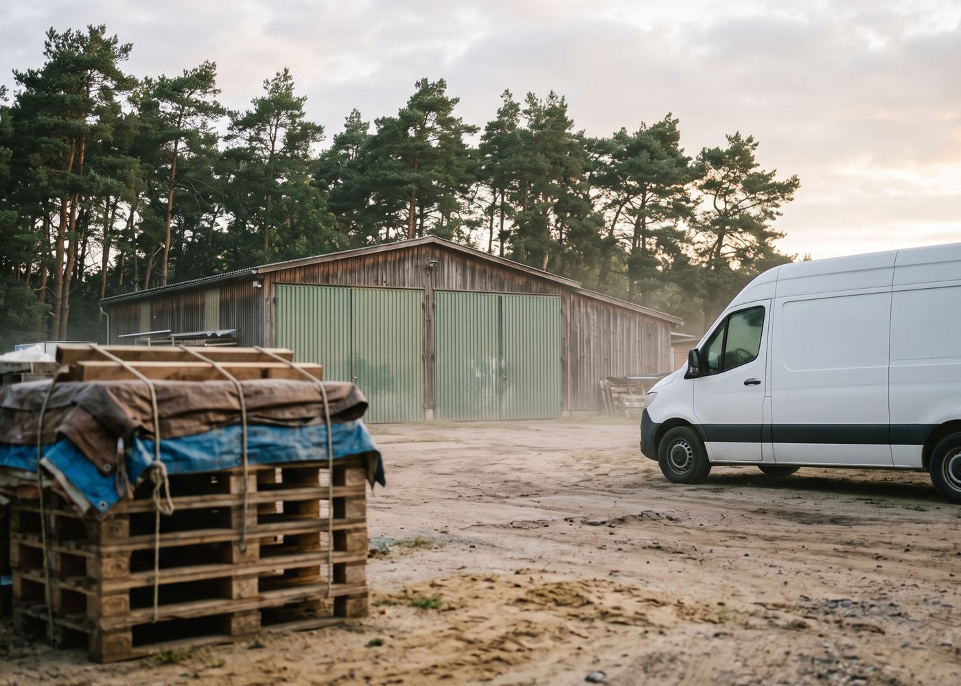 Symbolbild: Betriebshof am Ortsrand mit gestapelten Paletten, Werkstatthalle und Transporter im Morgenlicht