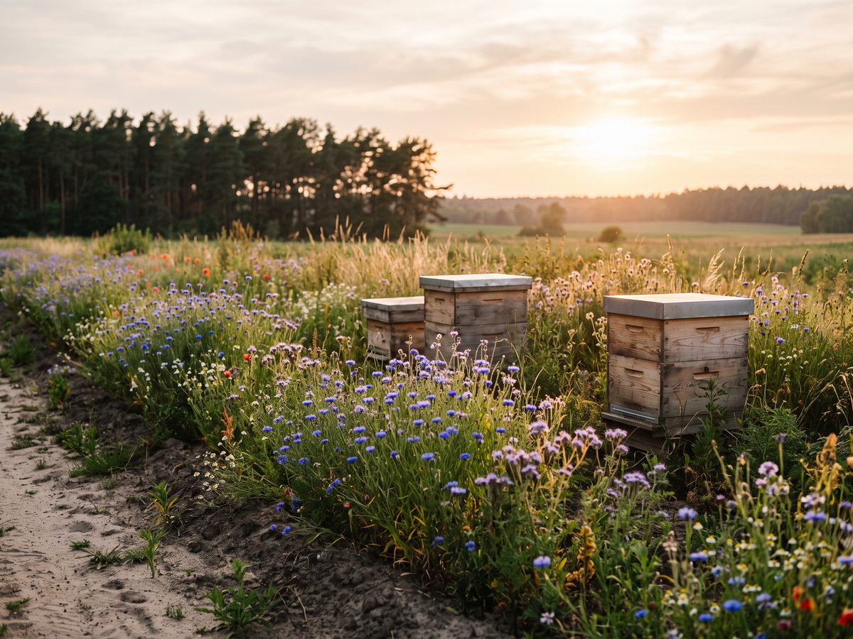 Symbolbild: blühender Feldrand mit Kornblumen und drei Bienenstöcken vor einem Kiefernwald im Abendlicht