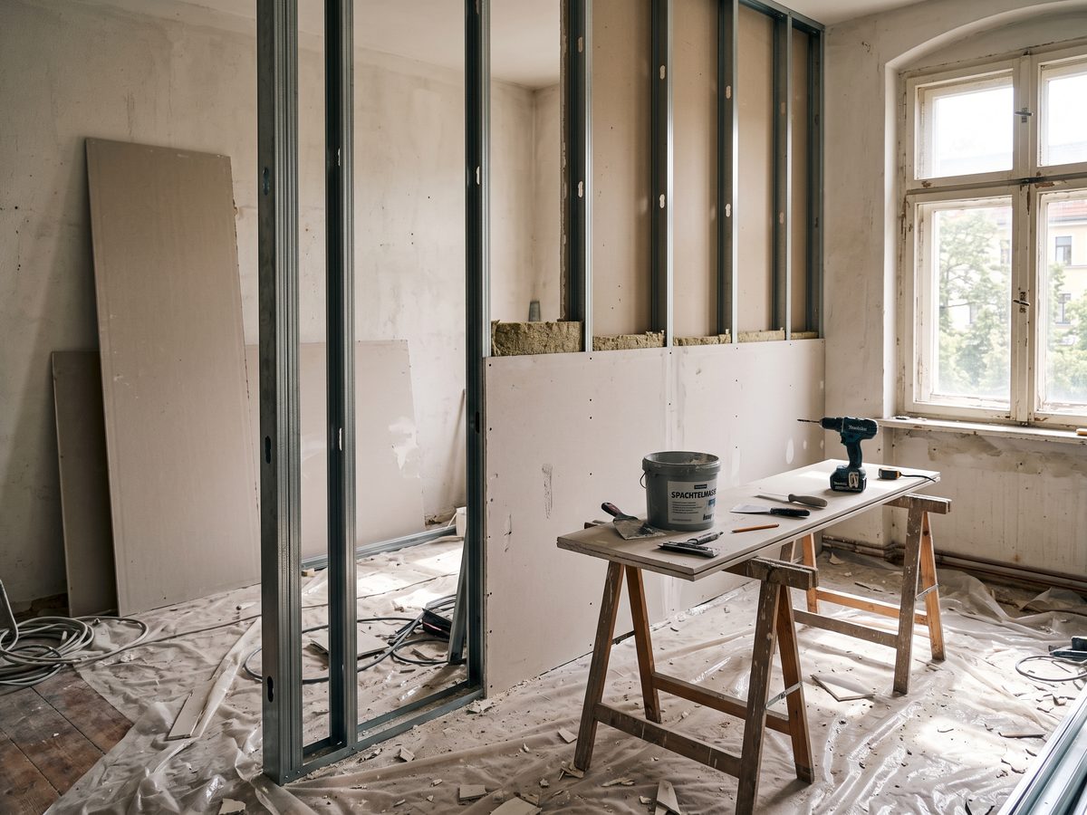 Symbolbild: halb fertige Trockenbauwand mit Ständerwerk und Gipskartonplatten in einem Altbauzimmer