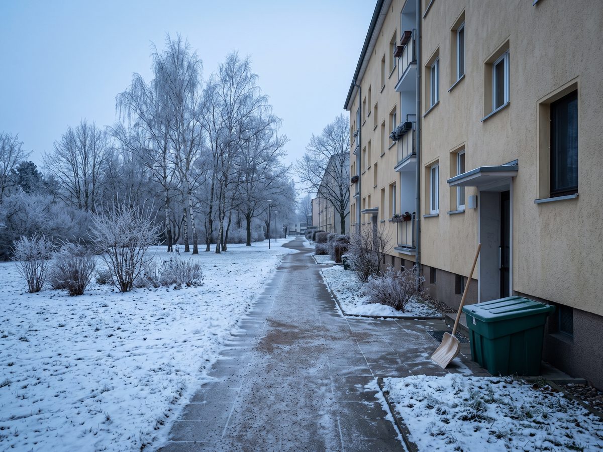 Symbolbild: geräumter und gestreuter Gehweg vor einem Wohnhaus an einem Wintermorgen, daneben Schneeschieber und Streugutbehälter