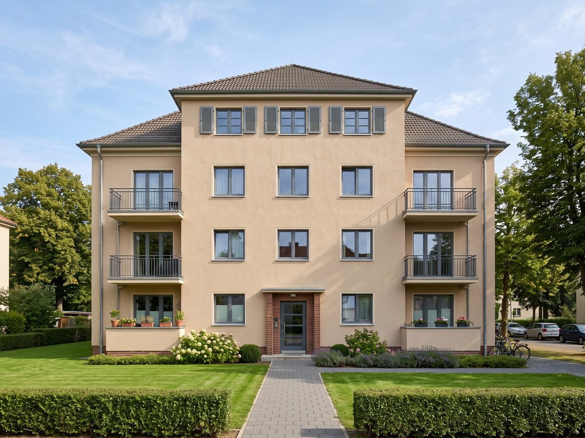 Symbolbild: gepflegtes mehrgeschossiges Wohnhaus mit Balkonen und angelegtem Vorgarten